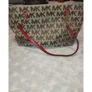 Michael Kors Jet Set Tote Bag Beige Signature Monogram Red Leather Chain Strap